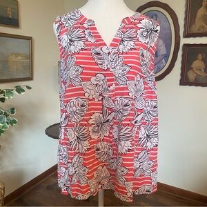 Crown & Ivy • Sleeveless Striped & Floral Coral Top • Size 1x • EUC